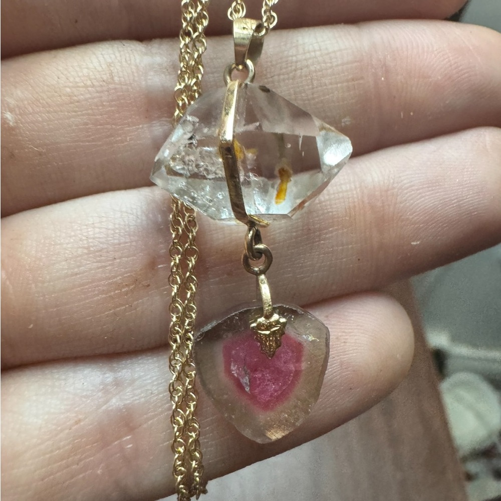 Rare solid 14k gold genuine watermelon tourmaline/herkimer diamond necklace$1890 - Picture 4 of 14